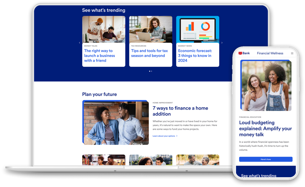 Financial education proposed design in desktop and mobile views